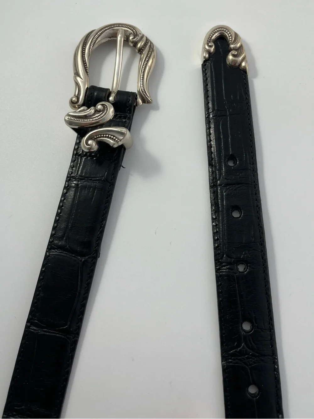 BRIGHTON Western Style Black Embossed Leather Belt Silver Tone Buckle Size Small